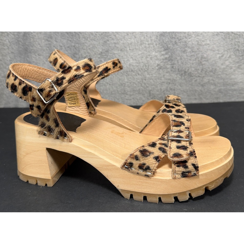 Swedish Hasbeens Clog Sandals Womens 39 Leopard Print Calf Hair Wood Platform